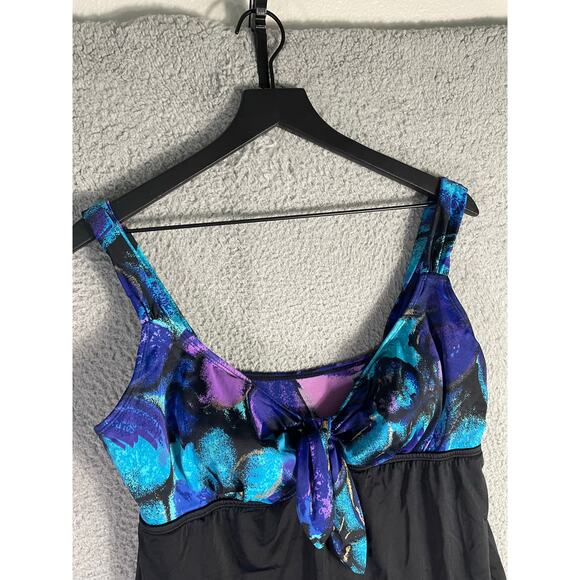 Longitude Size 16 Black Floral Skirted One Piece Swimsuit Tummy Control Tankini - Picture 6 of 11